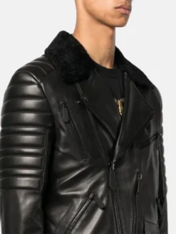 Black Leather Biker Jacket With Fur Collar Close