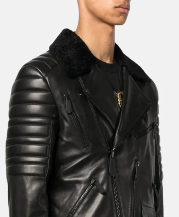 Black Leather Biker Jacket With Fur Collar Close