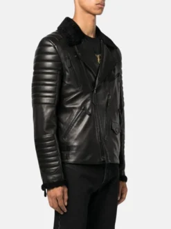 Black Leather Biker Jacket With Fur Collar Left