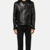 Black Leather Biker Jacket With Fur Collar Stand Up
