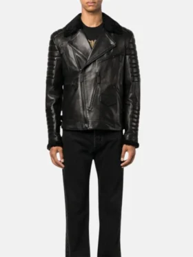 Black Leather Biker Jacket With Fur Collar Stand Up