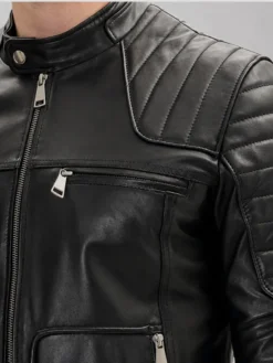 Black Leather Performance Biker Leather Jacket Closeup view