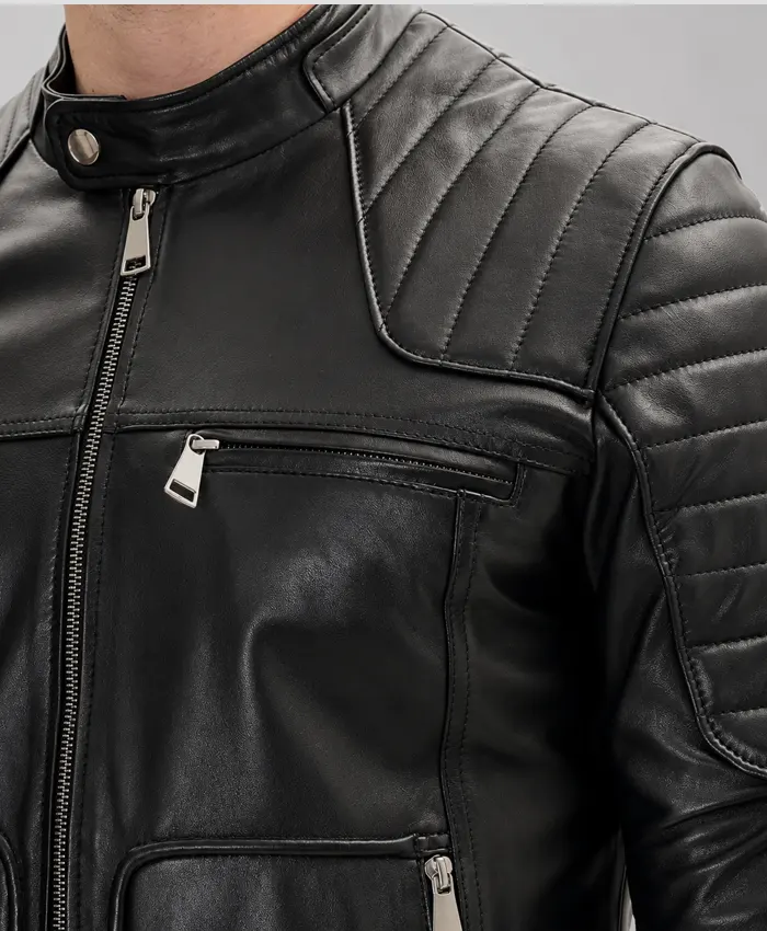 Black Leather Performance Biker Leather Jacket Closeup view
