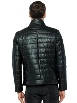 Black Leather Puffer Jacket Back
