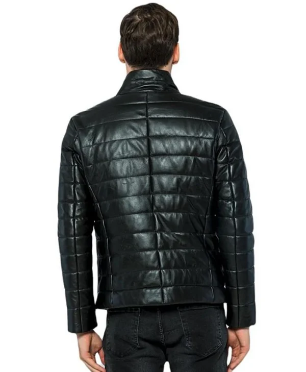 Black Leather Puffer Jacket Back