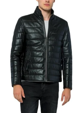 Black Leather Puffer Jacket Main