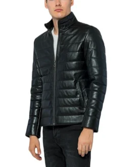 Black Leather Puffer Jacket Right
