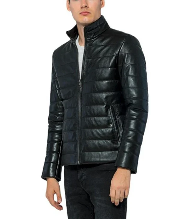 Black Leather Puffer Jacket Right