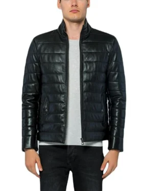 Black Leather Puffer Jacket Straight