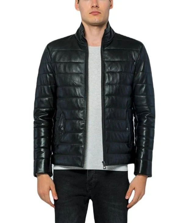 Black Leather Puffer Jacket Straight