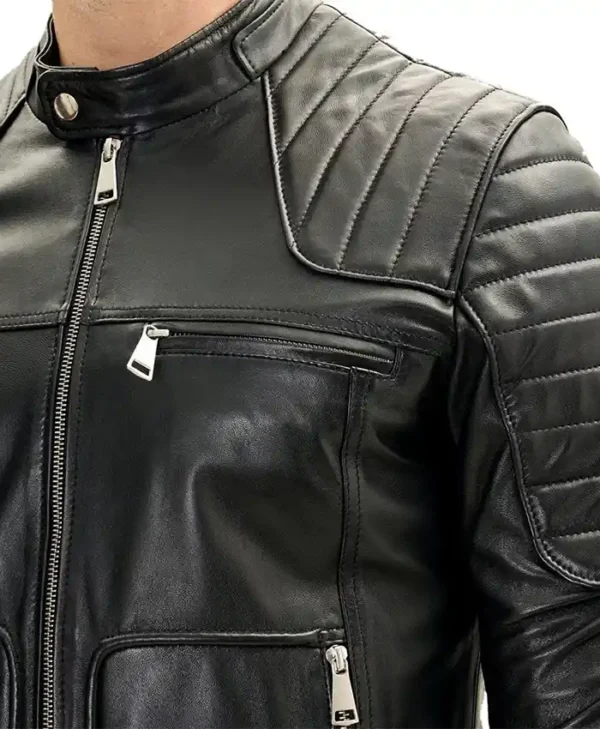 Black Leather Rider Biker Jacket for Men Snap Tab