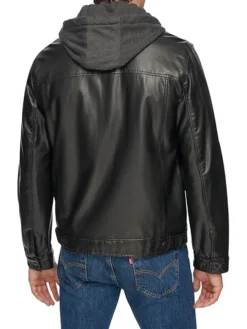 Black Mens Hooded Leather Jacket Back
