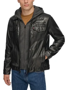 Black Men’s Hooded Leather Jacket Main