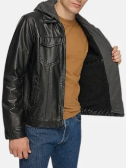 Black Mens Hooded Leather Jacket Open