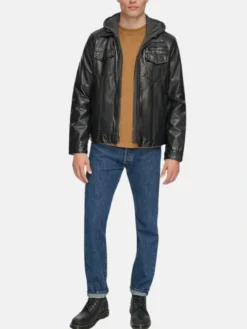 Black Mens Hooded Leather Jacket Pockets