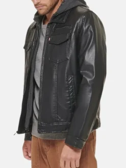 Black Mens Hooded Leather Jacket Right