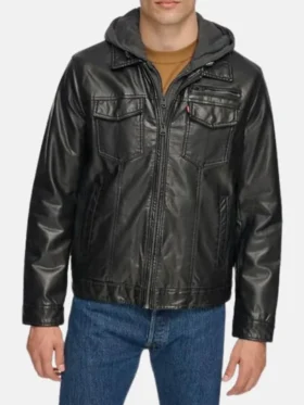 Black Men’s Hooded Leather Jacket Stand