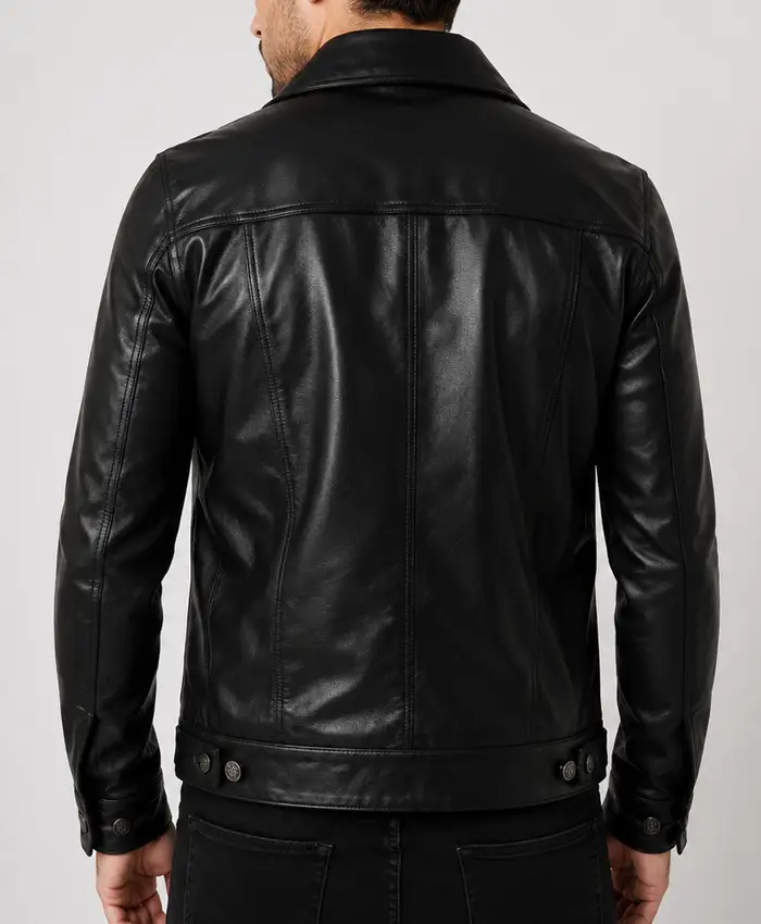 Black Trucker Leather Jacket For Sale