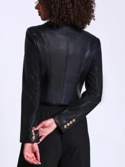 Black Victoria Military Style Cropped Leather Jacket Womens Back