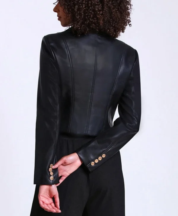 Black Victoria Military Style Cropped Leather Jacket Womens Back