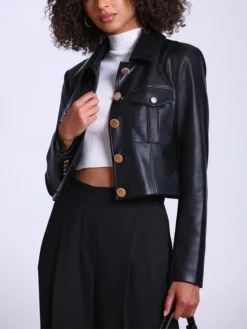 Black Victoria Military Style Cropped Leather Jacket Womens Button