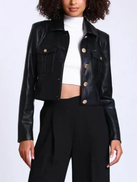 Black Victoria Military Style Cropped Leather Jacket Womens Main