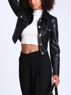 Black Victoria Military Style Cropped Leather Jacket Womens Pockets
