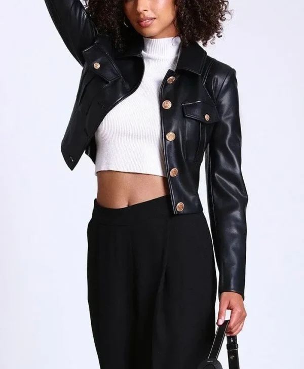 Black Victoria Military Style Cropped Leather Jacket Womens Pockets