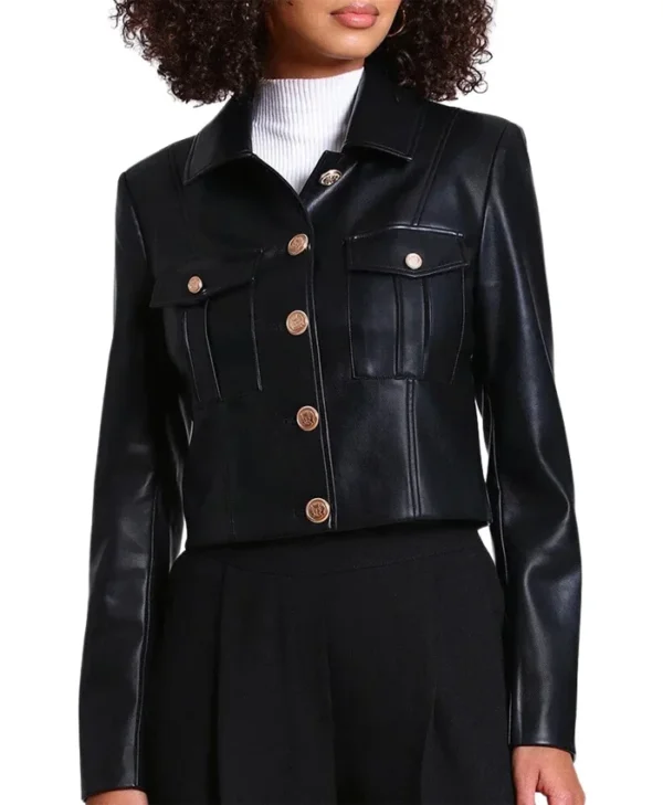 Black Victoria Military Style Cropped Leather Jacket Womens Side