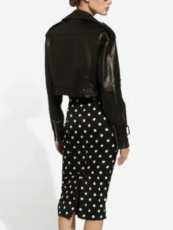 Black Womens Biker Cropped Leather Jacket Back