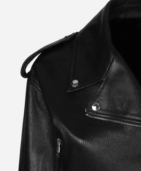 Black Womens Biker Cropped Leather Jacket Collar