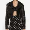 Black Womens Biker Cropped Leather Jacket Front