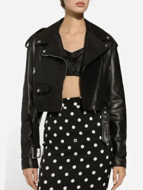 Black Womens Biker Cropped Leather Jacket Front