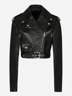 Black Womens Biker Cropped Leather Jacket Main