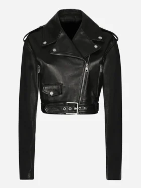 Black Womens Biker Cropped Leather Jacket Main