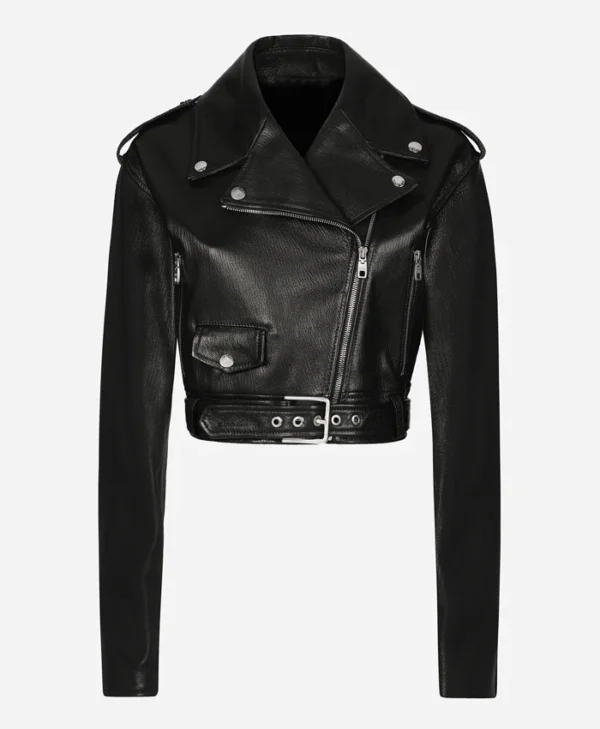 Black Womens Biker Cropped Leather Jacket Main