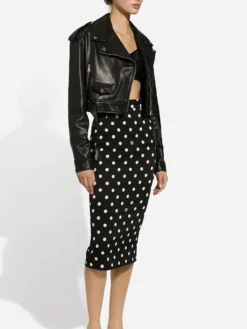 Black Womens Biker Cropped Leather Jacket Stand