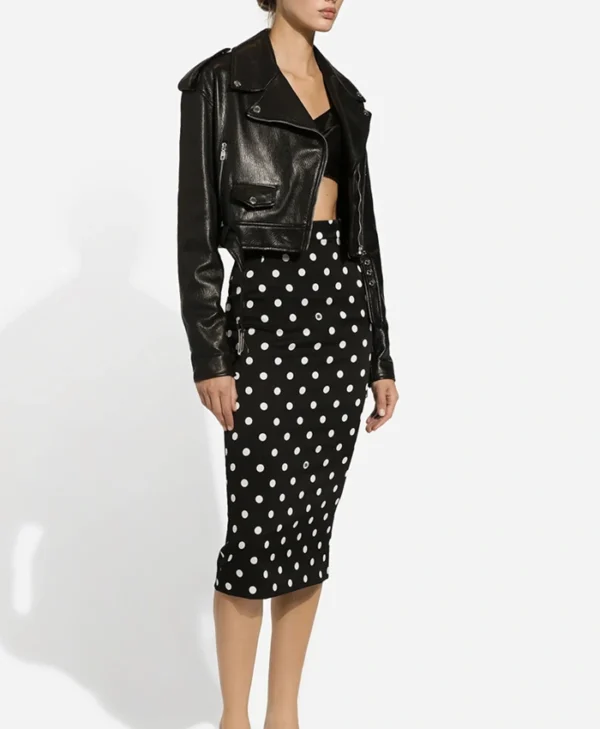 Black Womens Biker Cropped Leather Jacket Stand