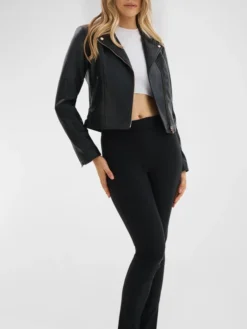Black Womens Motorcycle Leather Jacket Stand Up