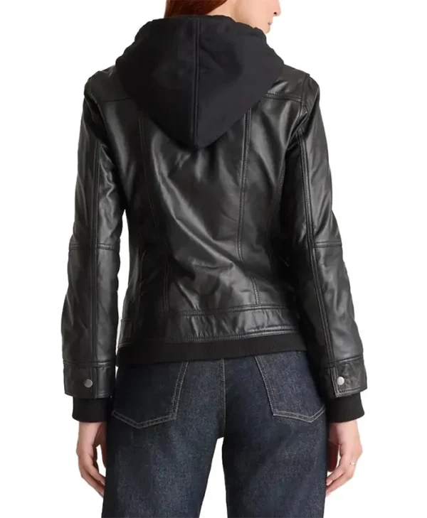Black Womens Vintage Leather Bomber Jacket Back Model