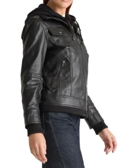 Black Womens Vintage Leather Bomber Jacket Left