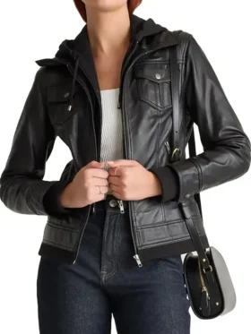 Black Womens Vintage Leather Bomber Jacket Main