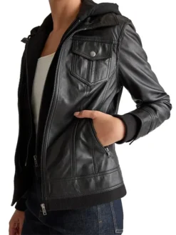 Black Womens Vintage Leather Bomber Jacket Right Side