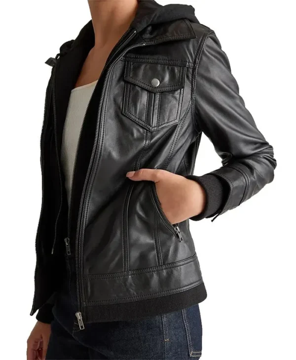 Black Womens Vintage Leather Bomber Jacket Right Side
