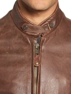 Brown Cafe Racer Jacket Snap Tab