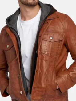 Brown Leather Trucker Jacket Hood