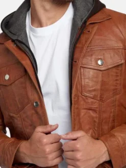 Brown Leather Trucker Jacket Pockets
