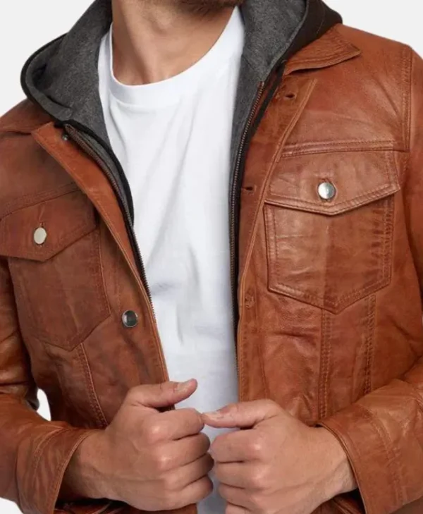 Brown Leather Trucker Jacket Pockets