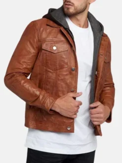 Brown Leather Trucker Jacket Stand