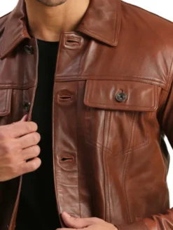 Brown Mens Leather Trucker Jacket Button